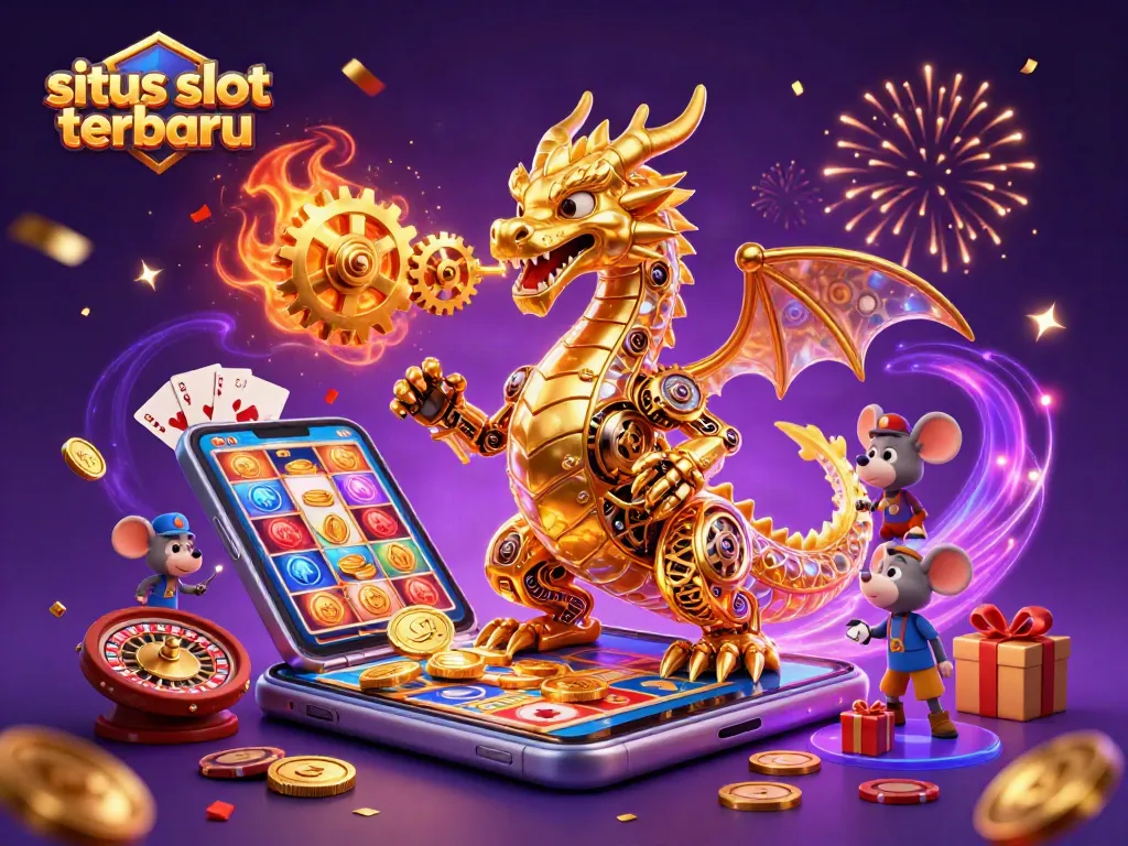 Menghidupkan Situs Slot Terbaru dengan naga emas dan elemen slot yang berwarna-warni, menarik perhatian gambler.