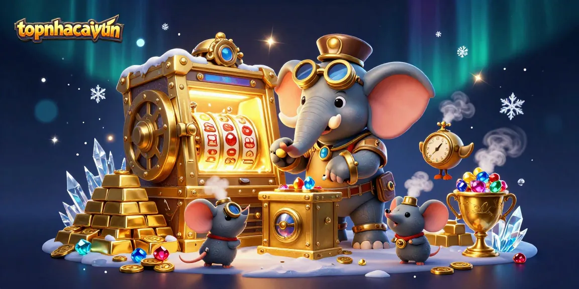 topnhacaiuytinn features a dynamic scene with cartoon elephant and steampunk elements in a vibrant casino setting.