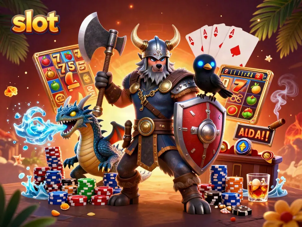 Engage with thrilling slot action featuring a Viking wolf warrior and a fiery dragon.