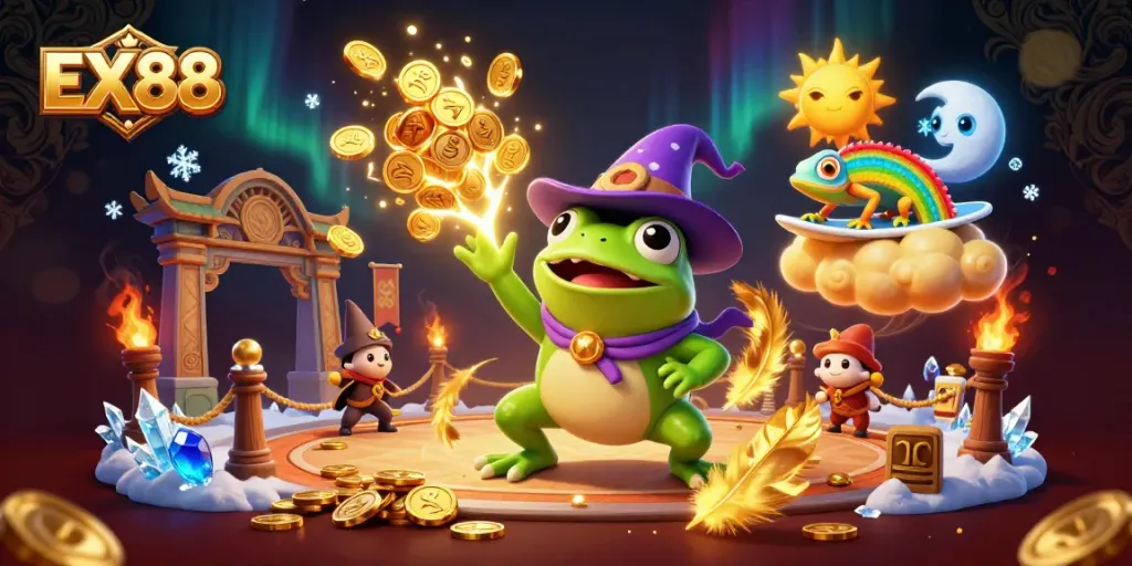 Experience the magic of EX88, where a wizard frog conjures golden coins amidst a vibrant casino scene.