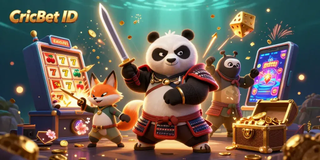 Engage with CricBet ID in this vibrant casino scene with a samurai panda and dazzling game elements.