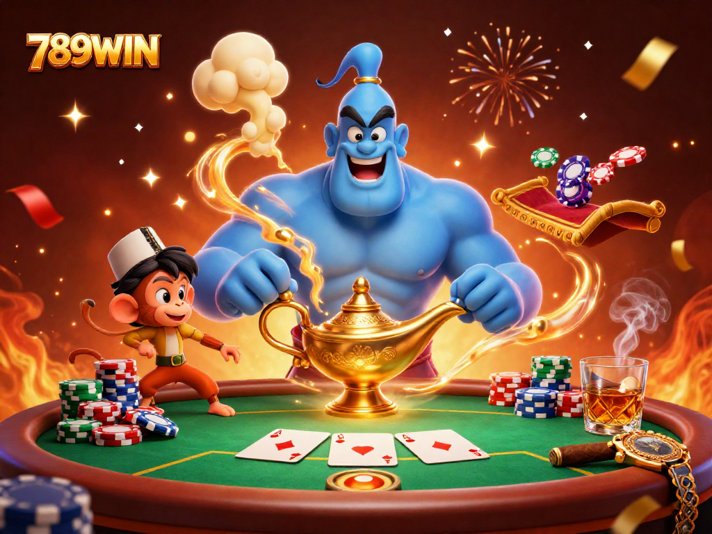 Experience exciting gameplay at 789WIN with colorful poker chips and animated characters.