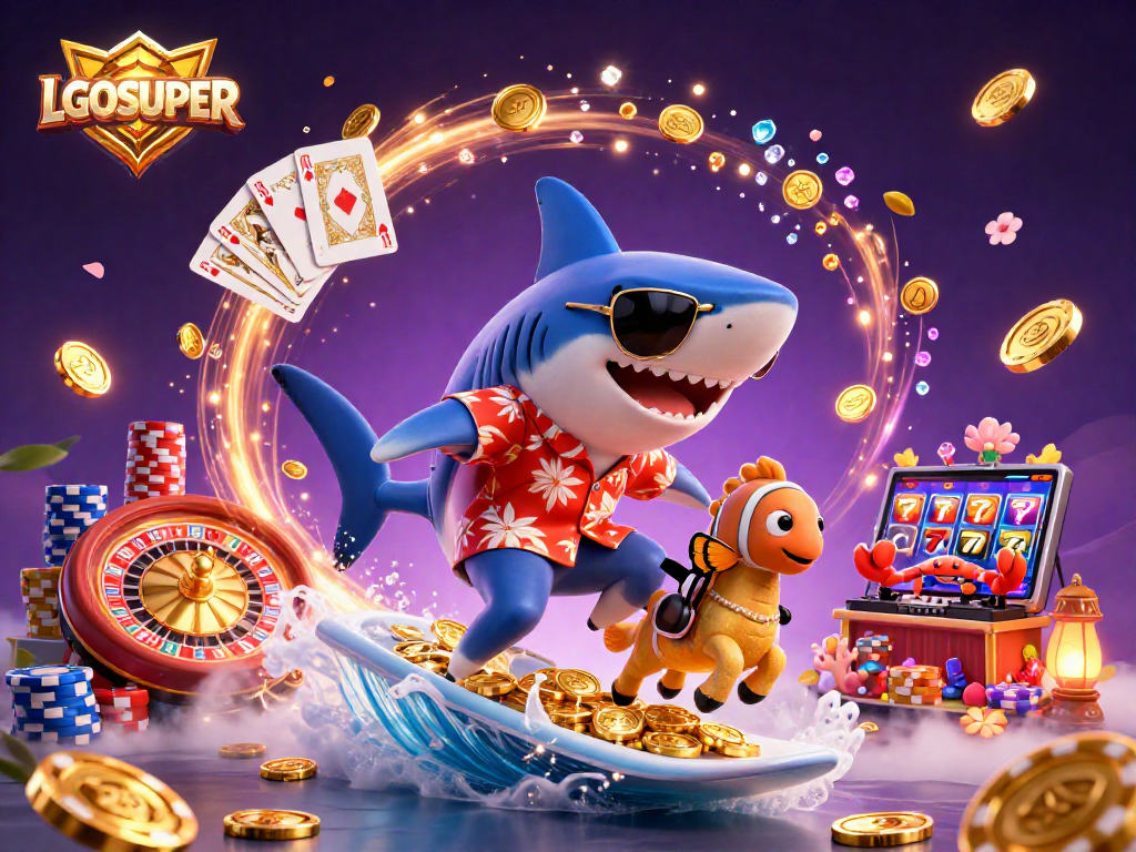 Experience thrilling gaming with LGOSUPER as a shark surfs gold coins amidst vibrant casino elements.