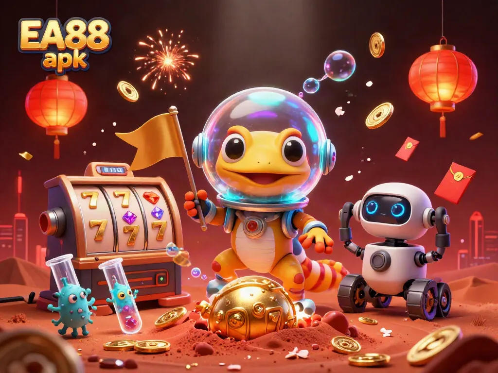 Experience the thrill of EA88 apk with a cartoon Martian gecko discovering a golden casino in this vibrant 3D scene.