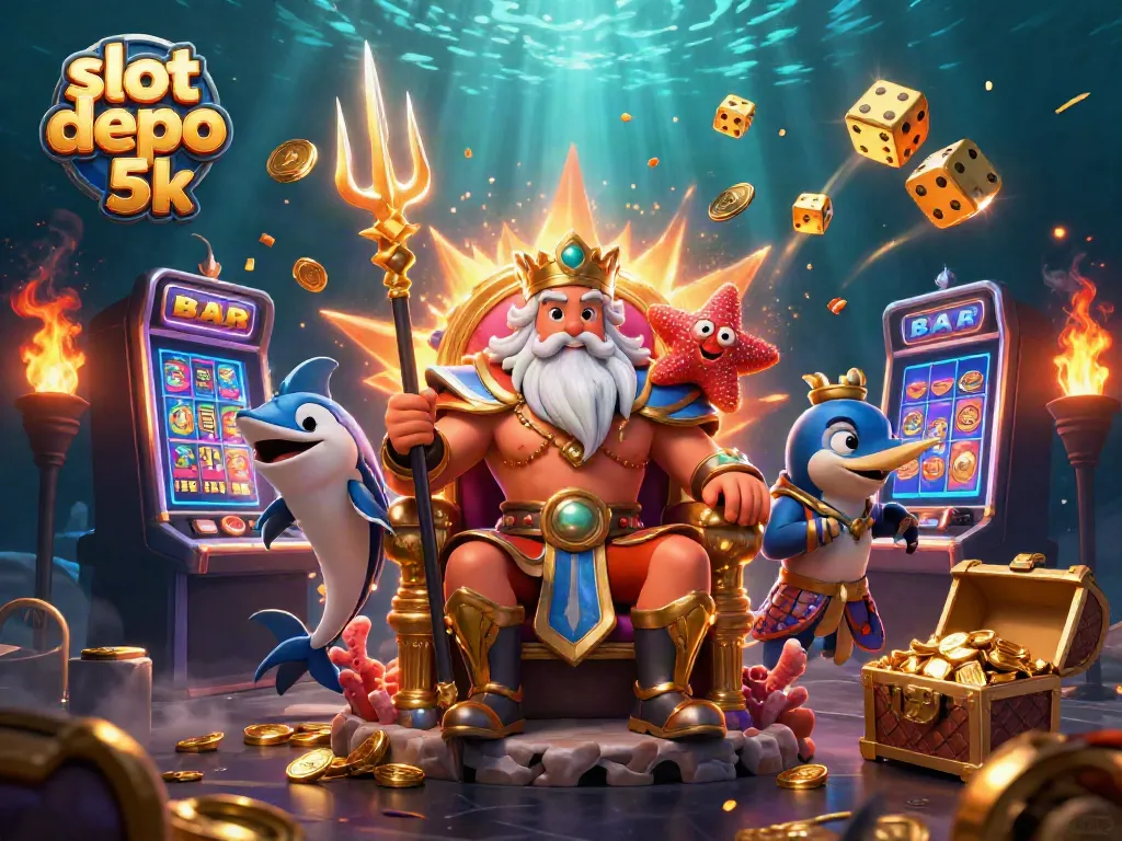 Engage with slot depo 5k's thrilling casino experience with an explosion of gold coins and vibrant game symbols.