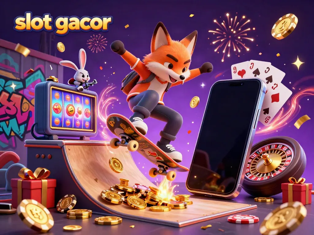 Experience slot gacor with a vibrant 3D illustration featuring dynamic characters and casino elements.