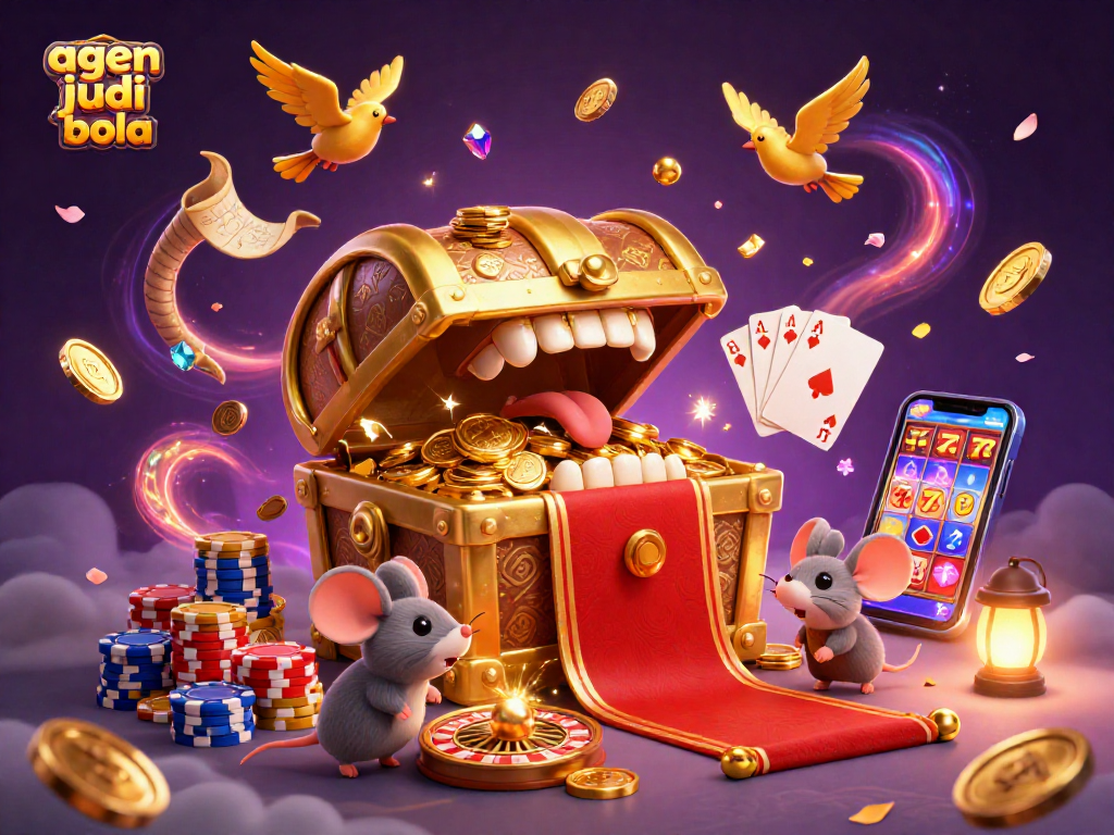 Experience thrilling action at agen judi bola with this vibrant 3D casino illustration featuring treasures and game elements.
