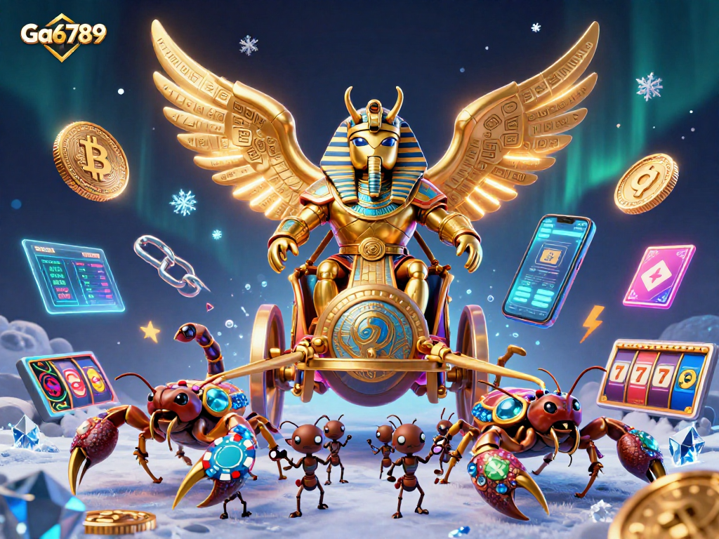 Experience Ga6789 as colossal golden scarab beetle chariot races with poker chips in a vibrant casino scene.