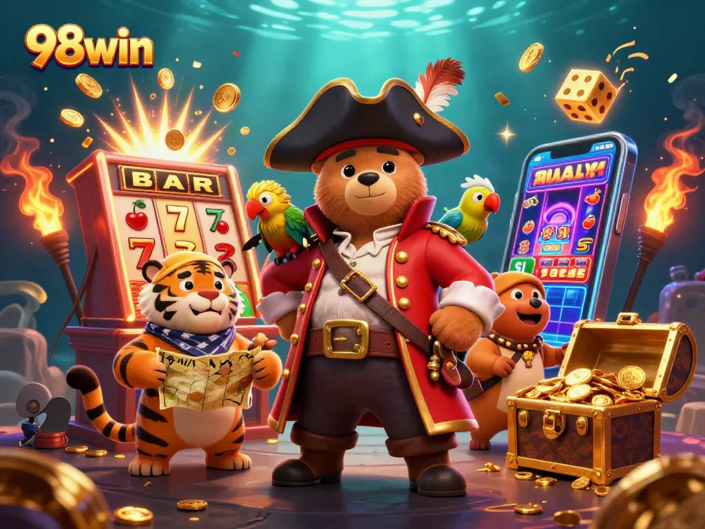 Win big at 98win with vibrant casino action and exciting game elements in a rich, colorful scene.