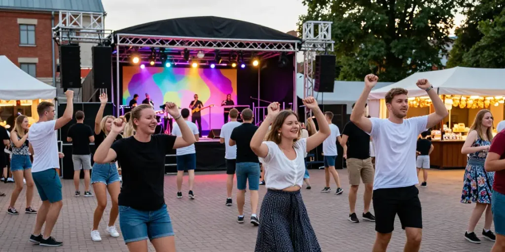 Outdoor concert scene in Lithuania featuring friends enjoying live music, showcasing Kur pramogauti.lt's vibrant culture.