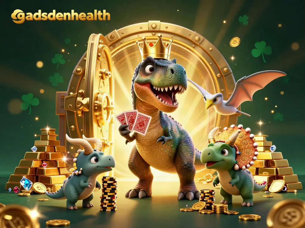 Gadsdenhealth menghadirkan kartun dinosaurus bermain kartu di kasino dengan harta karun berkilau.