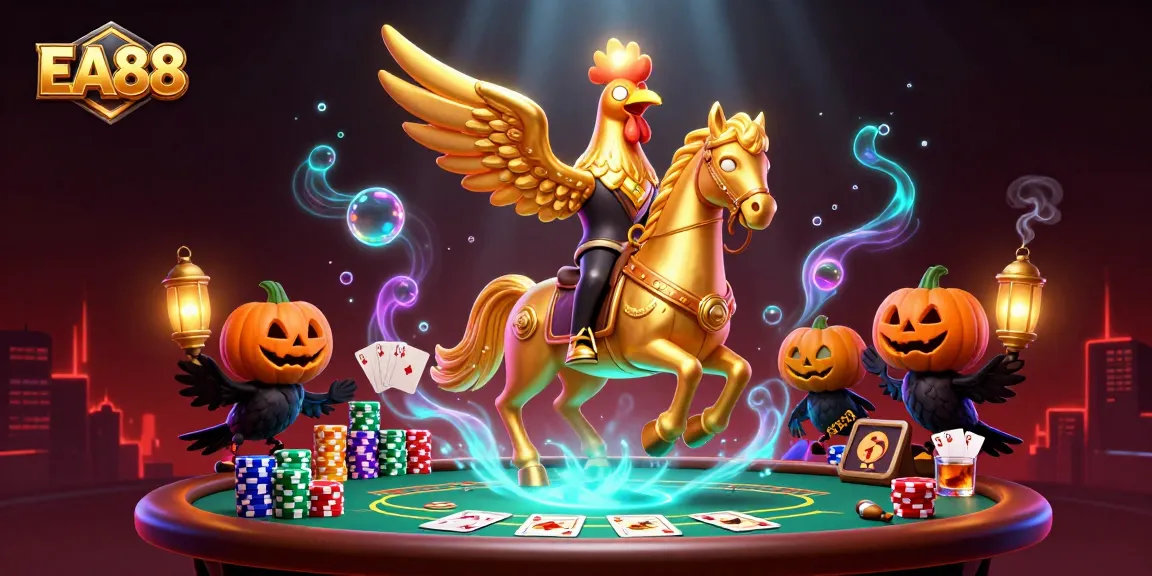 EA88 showcases epic casino action with a golden rooster headless horseman and poker elements.