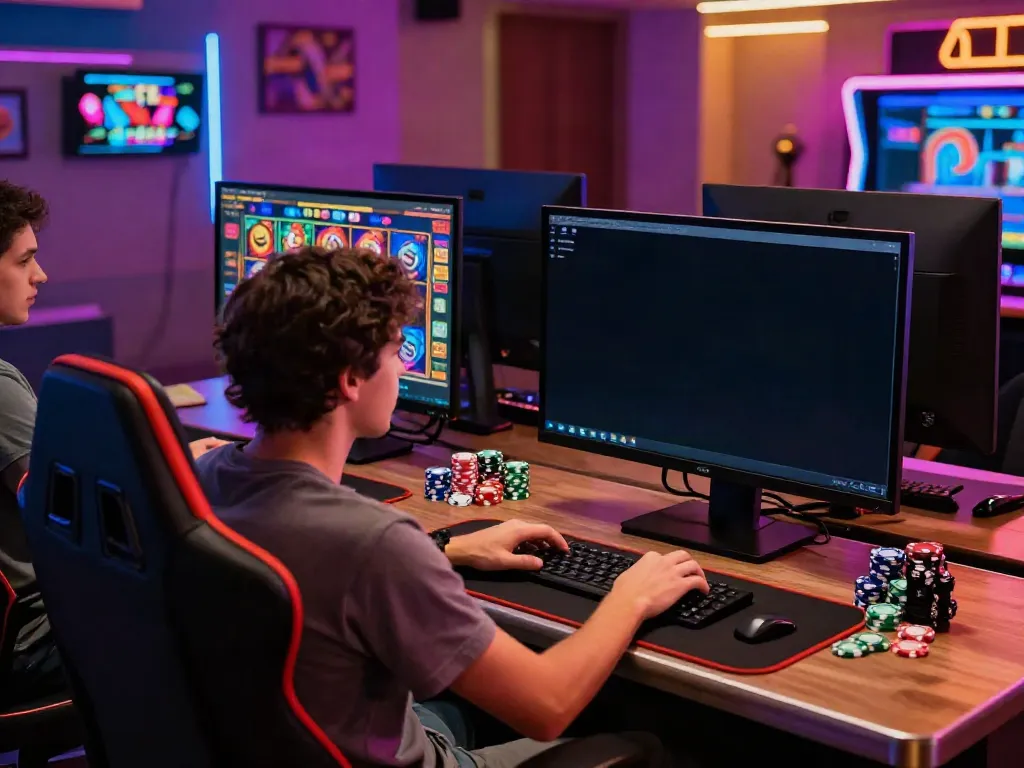 ผู้เล่นกำลังสนุกกับเกมสล็อตออนไลน์ โจ๊กเกอร์123 ในบรรยากาศคาสิโนที่น่าตื่นเต้น