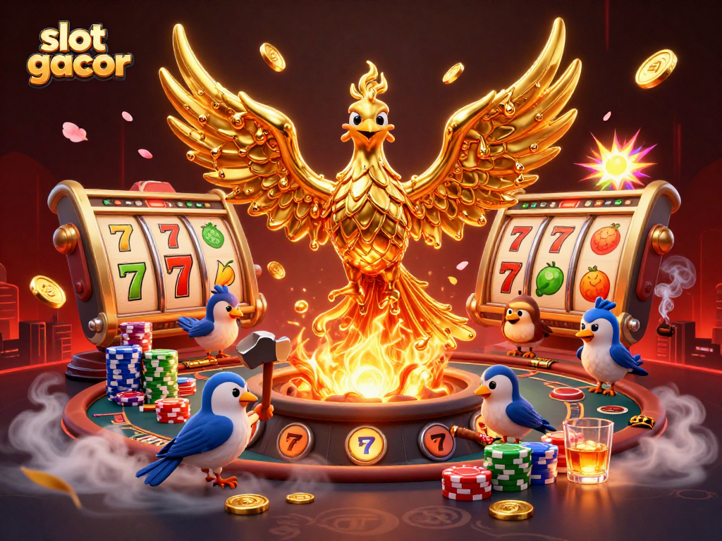 Menangkan slot gacor dengan phoenix emas meluncur, mengelilingi simbol buah dan jackpot dikelilingi keripik poker.