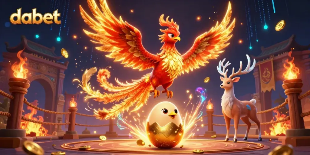Dabet players experience thrilling wins with spectacular phoenix and stag, surrounded by golden tokens.