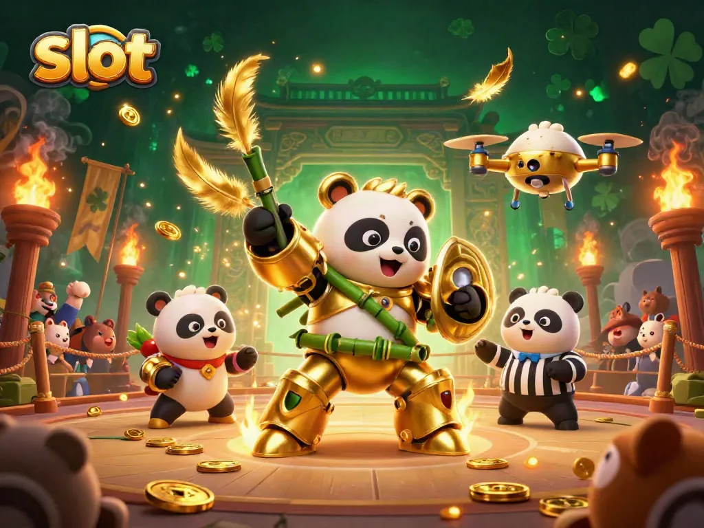 Experience thrilling slot action with a golden panda pilot and vibrant casino elements.