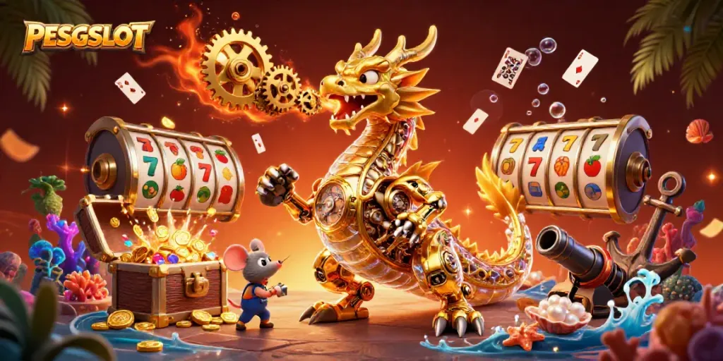 Gambarkan PESGSLOT sebagai mesin slot interaktif dengan elemen mengesankan di latar belakang.