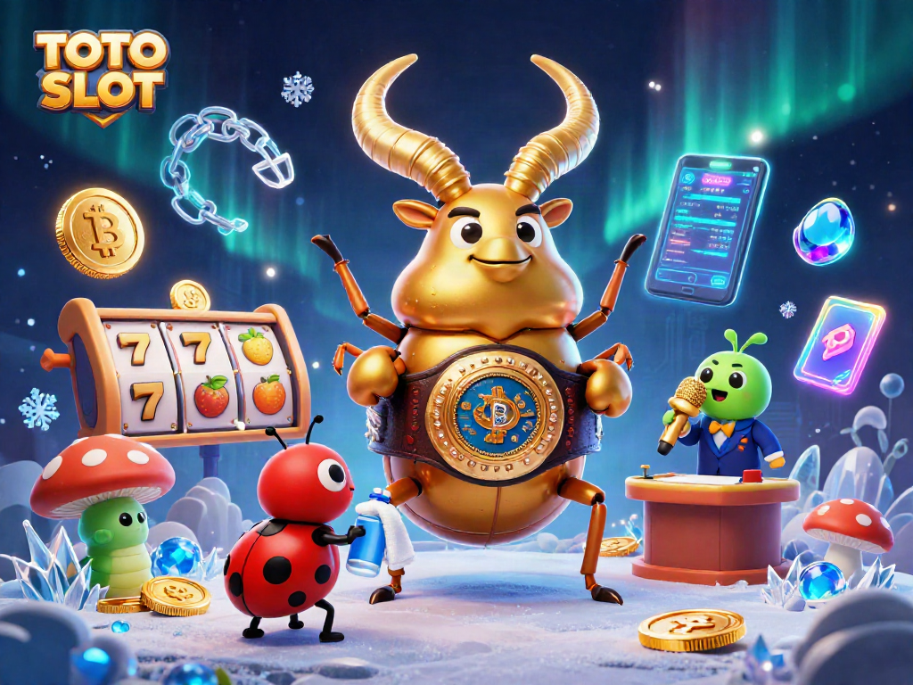 TOTO SLOT showcases a vibrant 3D scene with a golden stag beetle boxing, surrounded by slot symbols and cryptocurrencies.