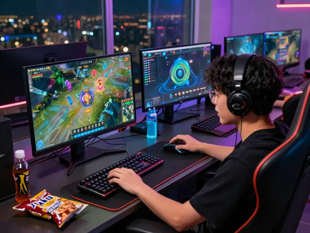ZEUS222 dalam lingkungan bermain game online yang dinamis dengan pemain antusias dan aksesori gaming.