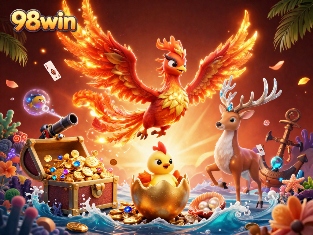 Play thrilling casino games such as 98win, featuring dynamic phoenix and casino elements.