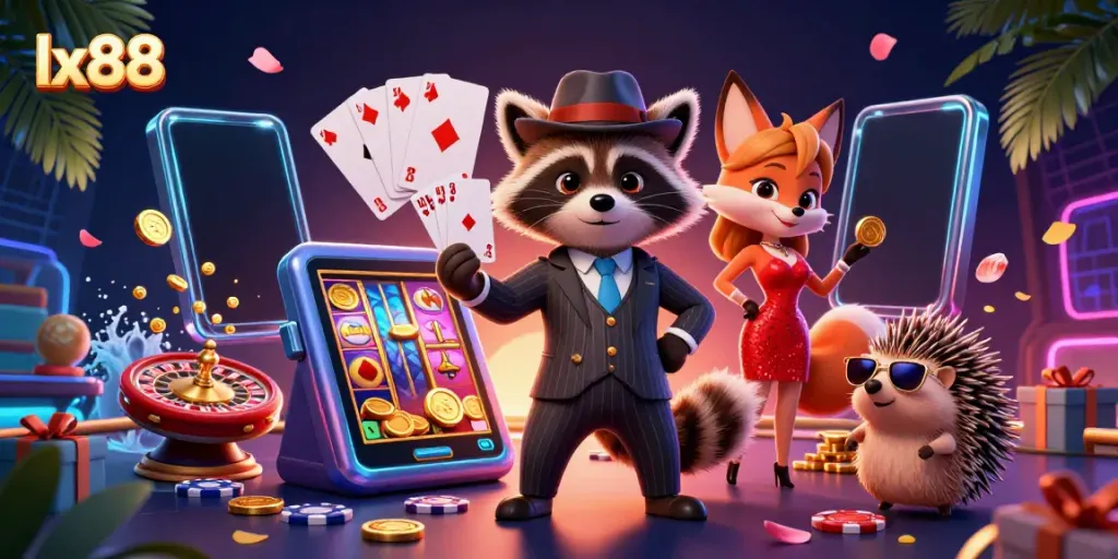 Play thrilling games at lx88 with a suave raccoon in a pinstripe suit, showcasing a royal flush hand.