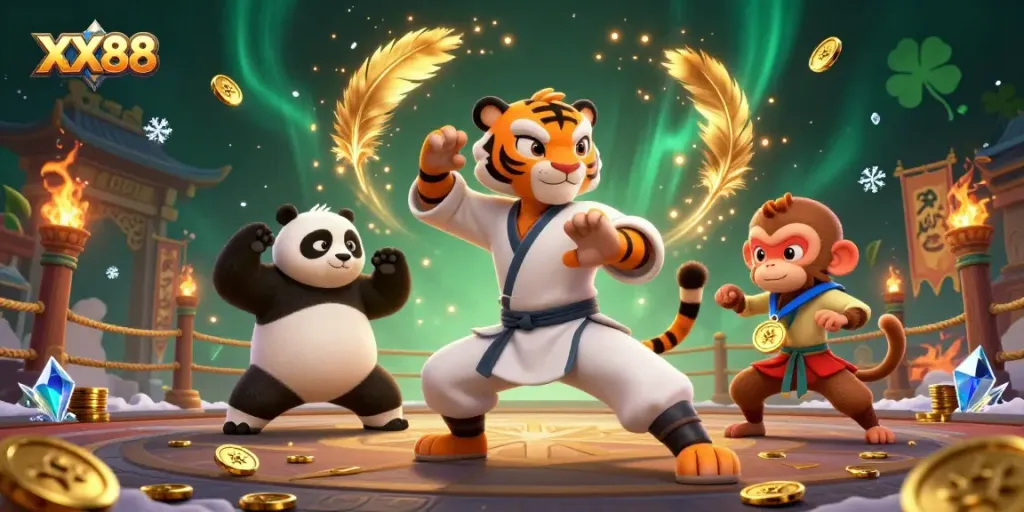 Engage in thrilling XX88 gaming with a dynamic 3D casino scene featuring martial arts characters.