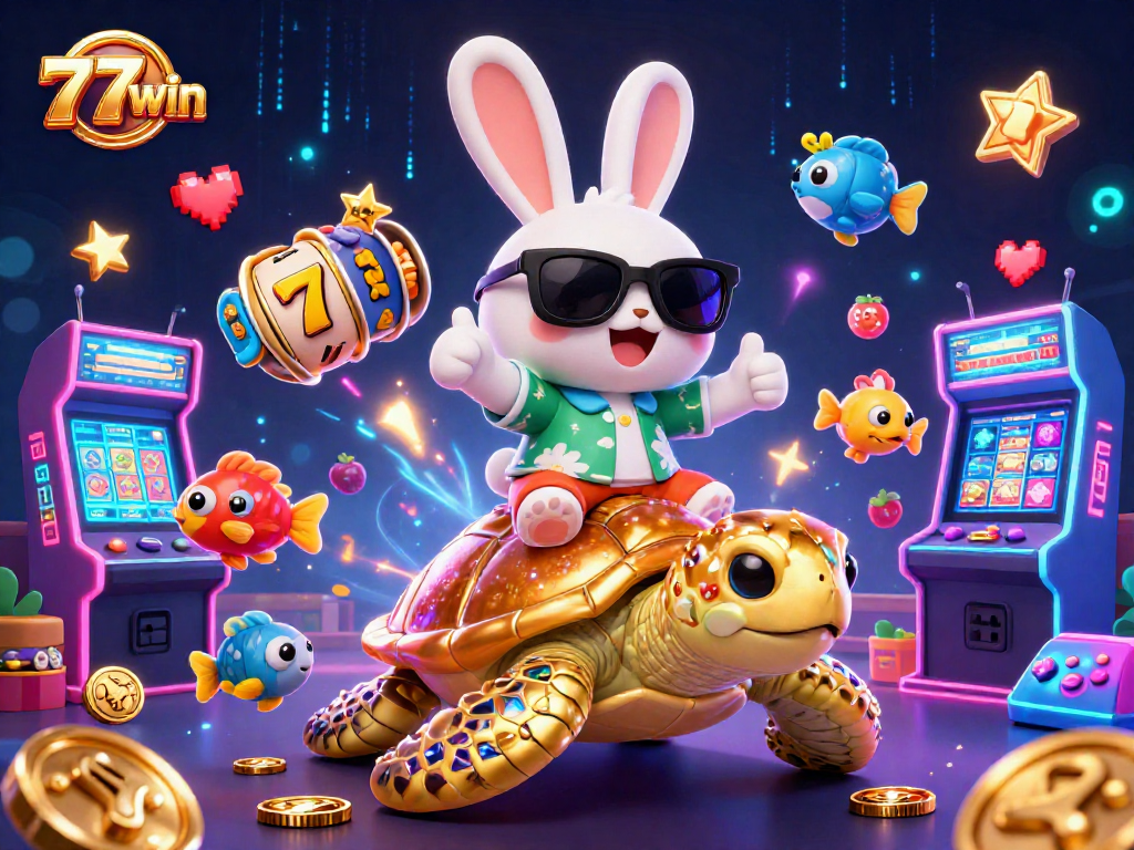 Spin to win at 77win with a fun, colorful 3D casino adventure featuring a lucky rabbit and golden sea turtle!