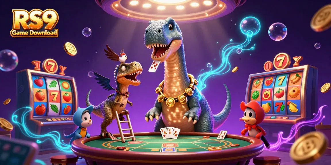 RS9 Game Download and play colorful slot games in a vibrant casino scene with dynamic characters.