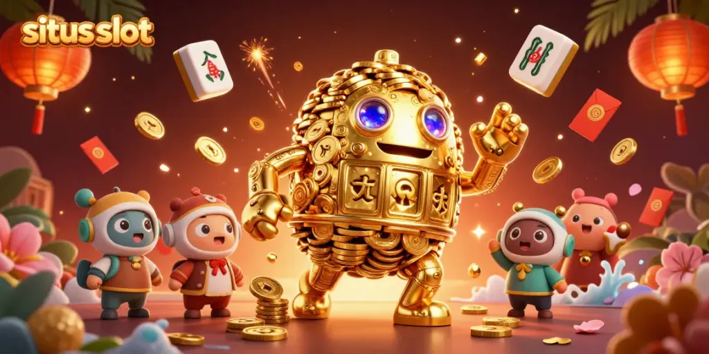 Gambar situs slot dengan golem emas dan simbol mesin slot, menampilkan kemeriahan permainan.