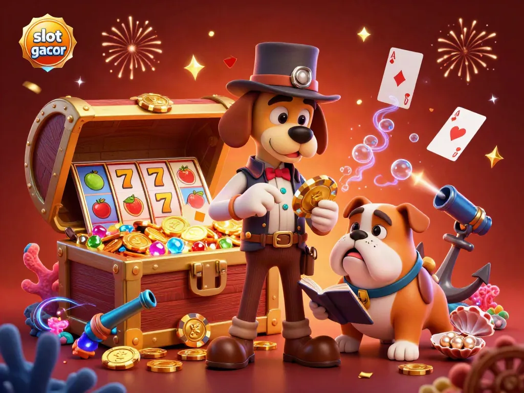 Ilustrasi slot gacor dengan detektif 3D memeriksa chip poker emas sambil dikelilingi simbol slot berwarna-warni.