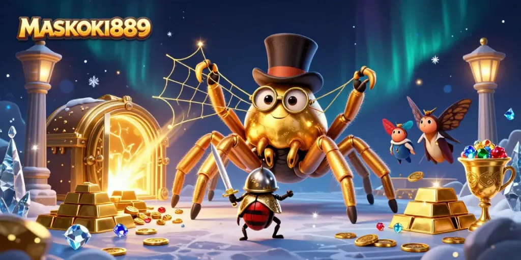 Experience the thrilling adventure of MASKOKI889 with charming casino-themed characters and golden treasures.