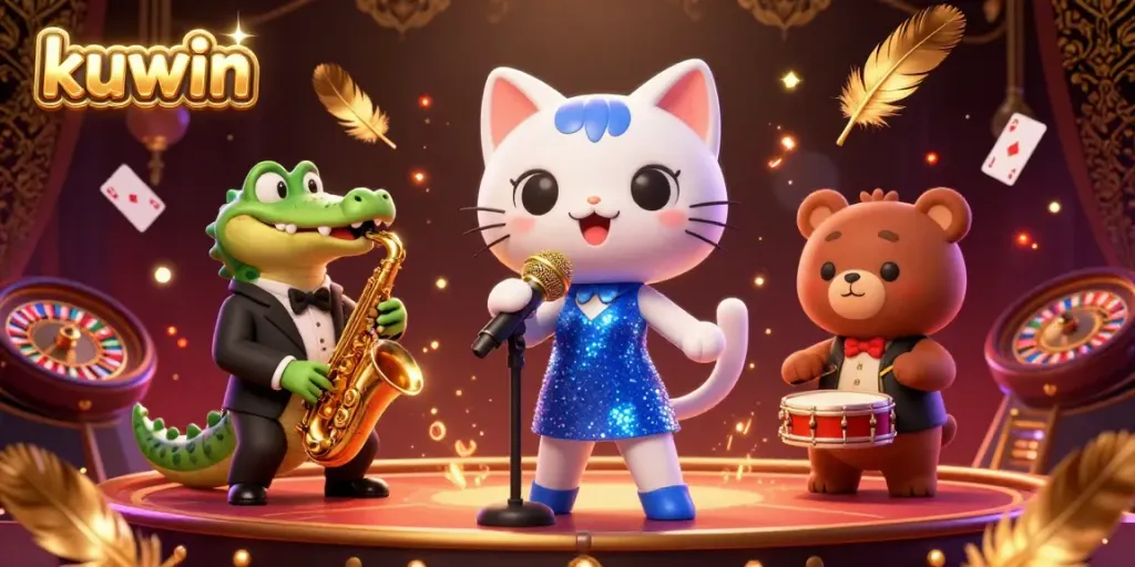 Kuwin-themed 3D casino illustration featuring a jazz-singer cat, saxophone-playing crocodile, and drum-playing bear, surrounded by vibrant gambling elements.