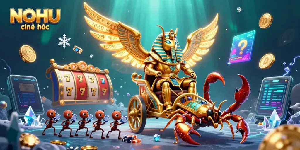 Engage with the NOHU chính thức slots, as golden scarabs and scorpions interact in an energizing casino scene.
