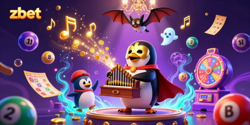 Experience thrilling action at Zbet with a colorful 3D illustration of a penguin in disguise amidst coins and lottery elements.