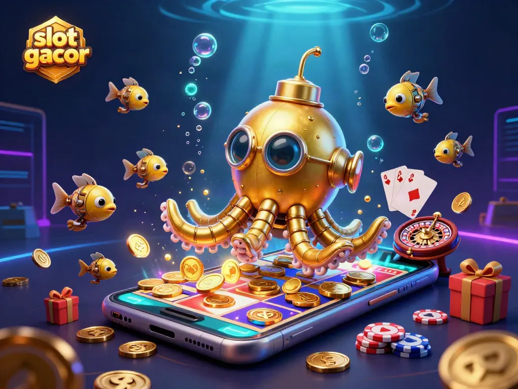 Engage with slot gacor in an underwater casino adventure featuring golden kraken and vibrant game elements.