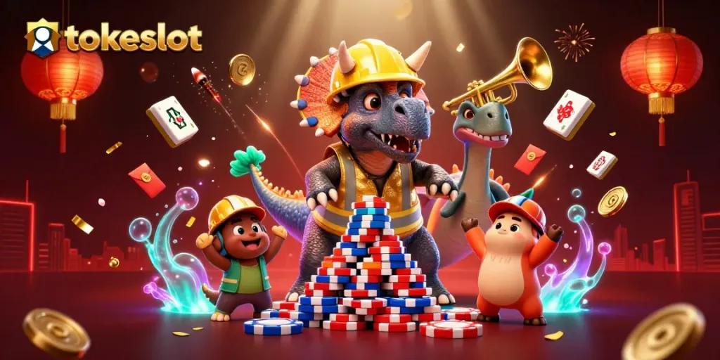 Experience exciting gaming with Tokeslot in this lively cartoon scene featuring fun characters and casino elements.