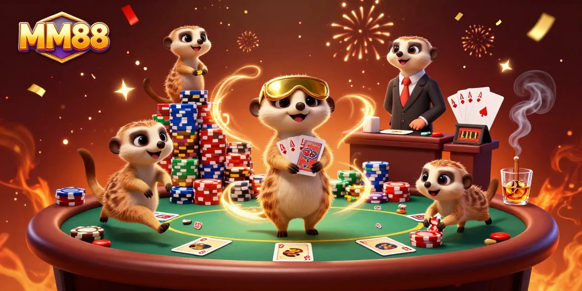 Experience the excitement of MM88 with lively meerkats running a vibrant casino scene.