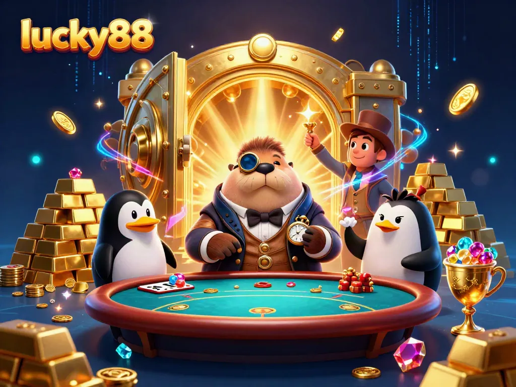 Experience action at lucky88 with a playful walrus, penguin dealer, and pufferfish at an underwater poker table.