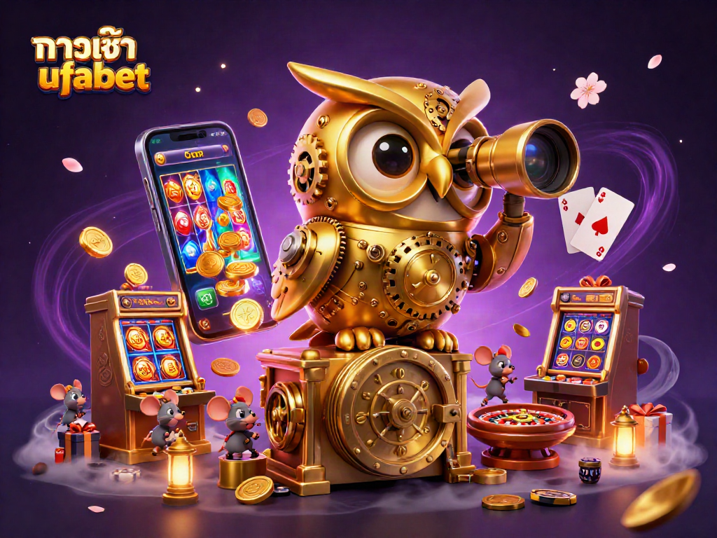 Experience the excitement of ทางเข้า ufabet with a vibrant scene of golden owls scanning the casino floor.