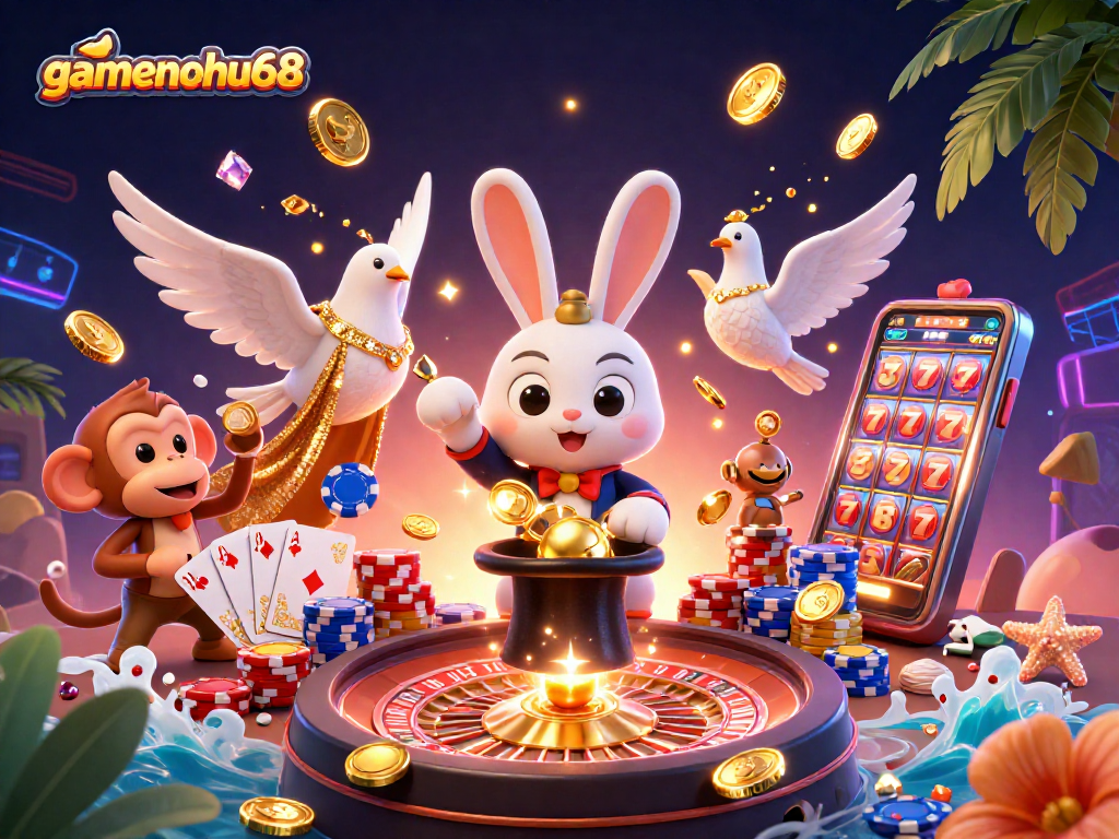 Experience gamenohu68's thrilling gaming adventure with a 3D magician rabbit and whimsical casino elements.