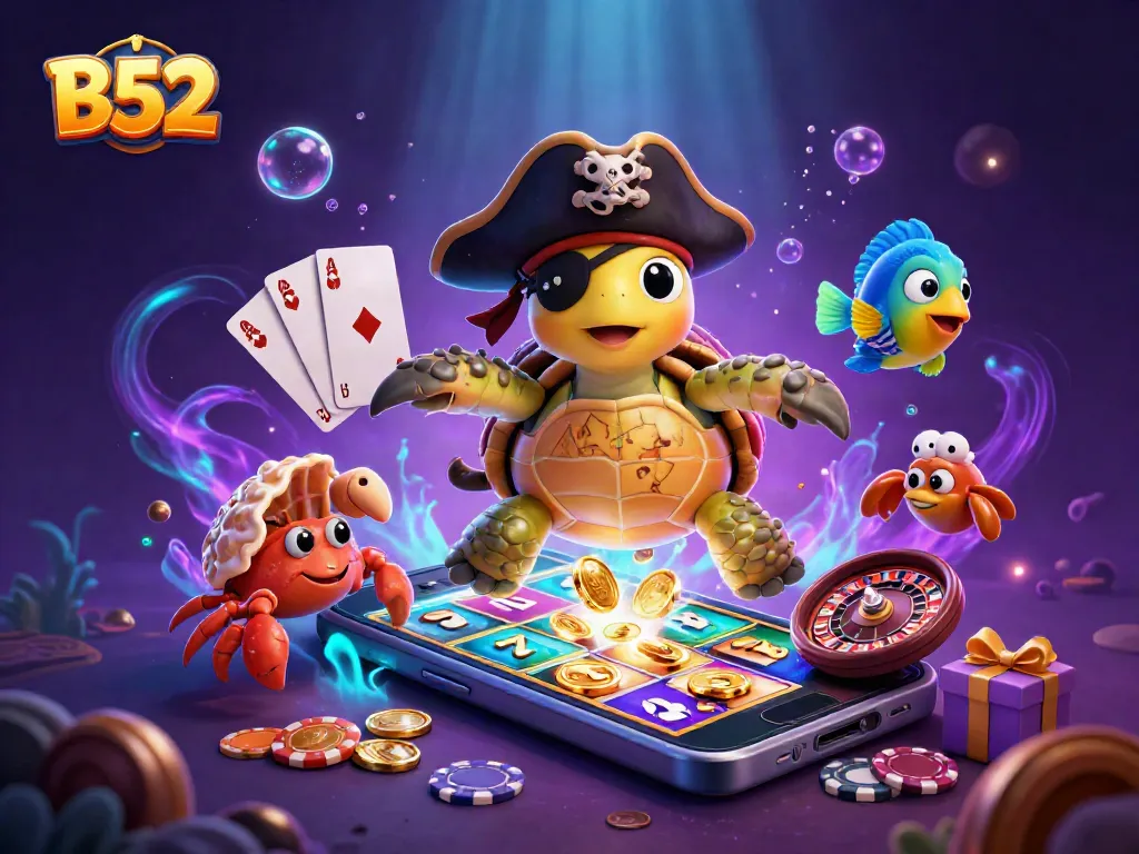 B52-themed pirate turtle and friends enjoying a vibrant underwater casino adventure with spinning reels and golden treasures.