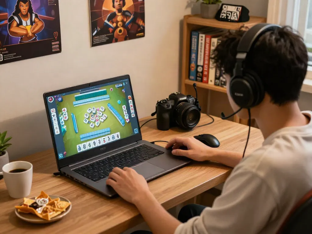 Gamer bermain Mahjong di laptop, menunjukkan fitur mesinmpo dengan suasana hangat dan nyaman