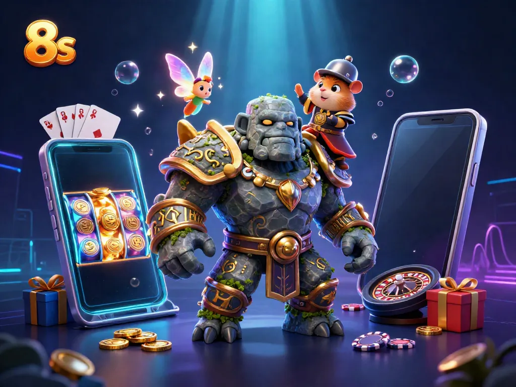Engage with the thrilling world of 8s as a courageous hamster knight rides a magical golem amidst vibrant casino symbols.
