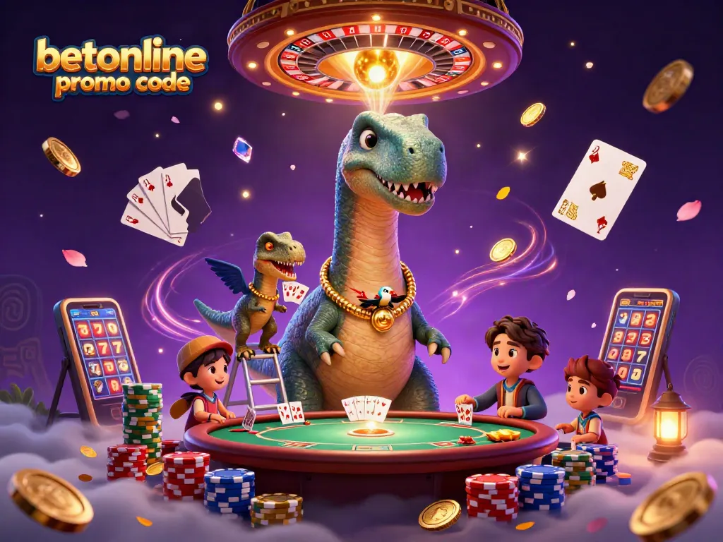 Explore BetOnline promo code with a giant brontosaurus in a casino surrounded by cards and gold coins.