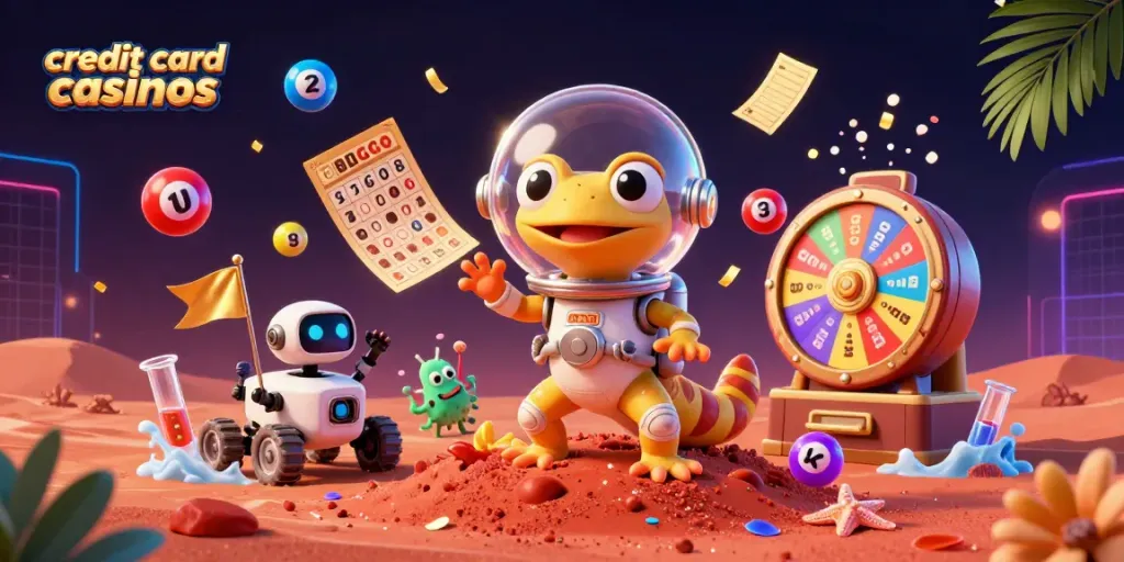 Experience exciting gaming at credit card casinos with vibrant 3D Martian characters and dynamic casino elements.