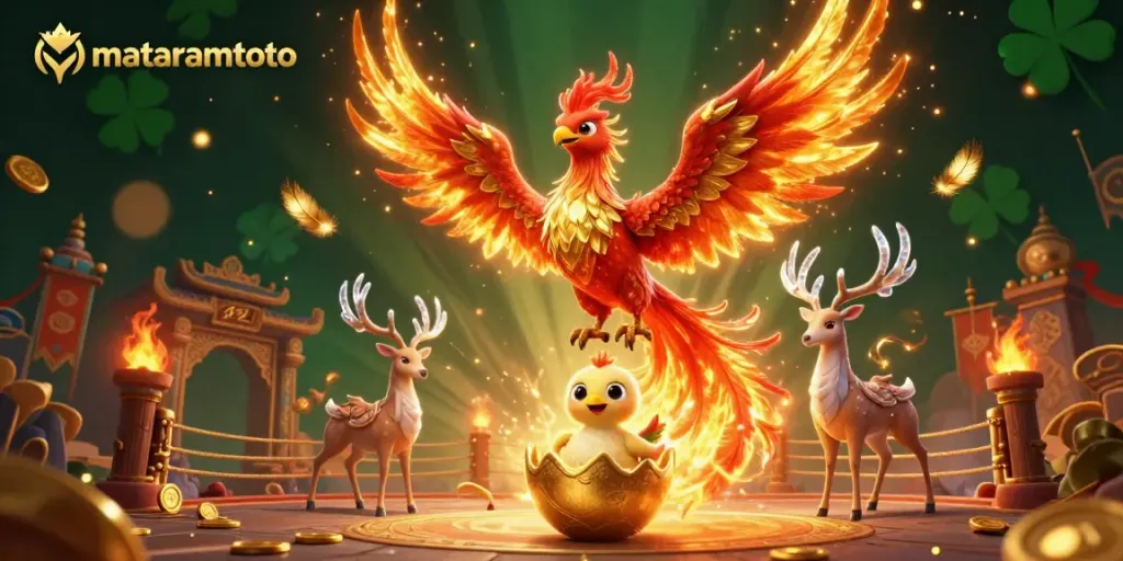 Experience the thrill of mataramtoto with vibrant golden phoenixes above a dynamic betting scene.