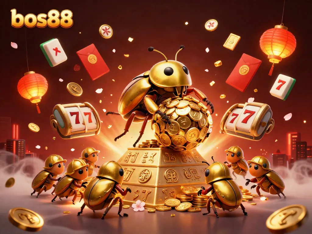 Experience vibrant gaming fun with bos88 as cartoon beetles create a golden coin pyramid.