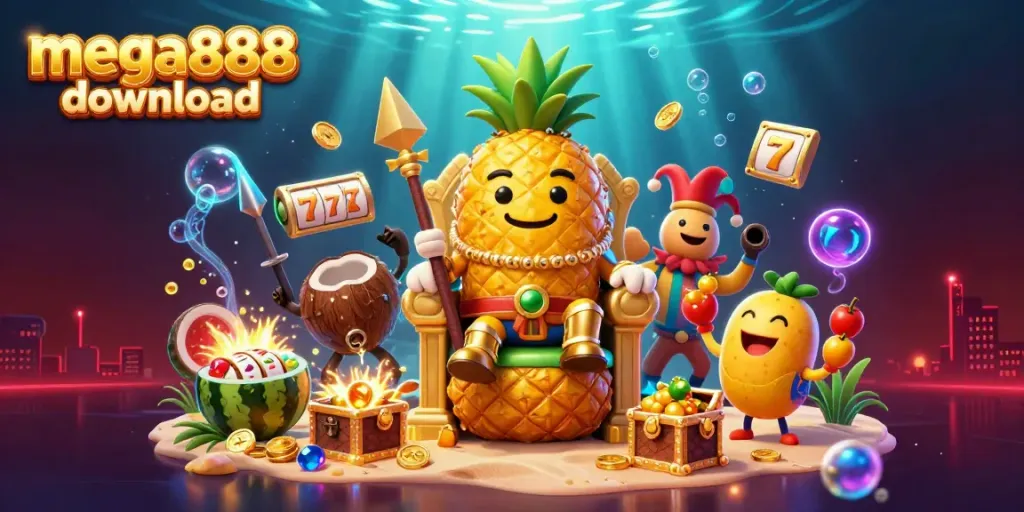 Engage in thrilling gaming with mega888 download showcasing a vibrant scene of a golden pineapple king and dynamic casino elements.