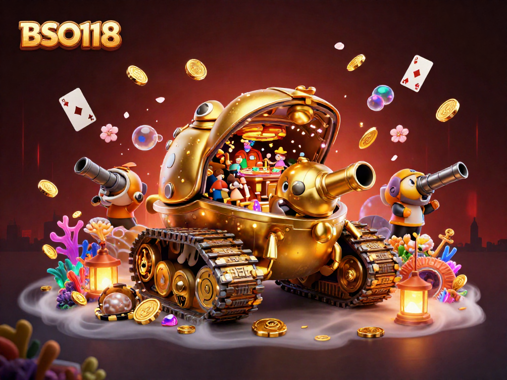 Experience BSO118 with an enchanting 3D casino illustration filled with gems and dynamic characters.