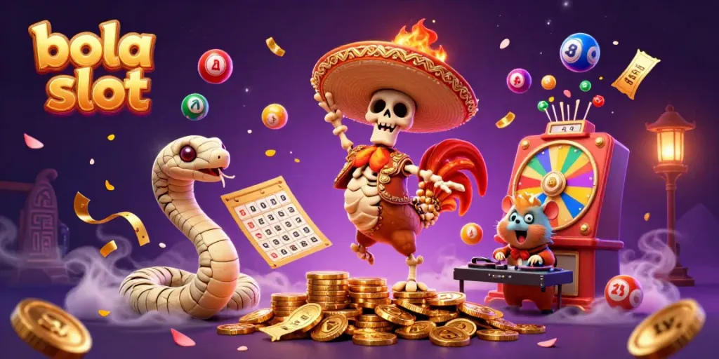 Experience excitement with bola slot as a mariachi rooster dances on gold coins amidst colorful lottery elements.